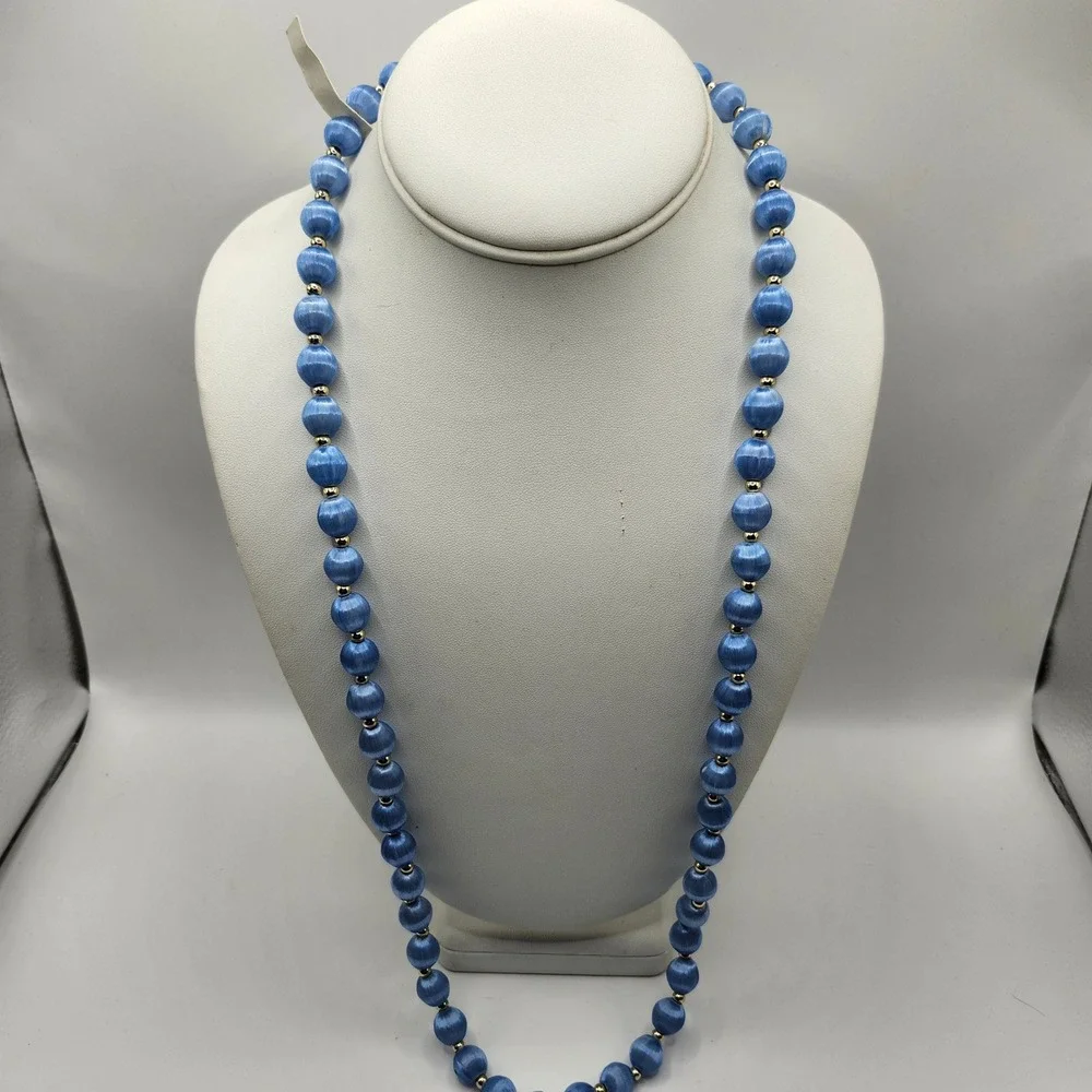 Vintage Blue Satin Silk Thread Wrapped Bead Necklace Gold Tone Spacers Korea NOS